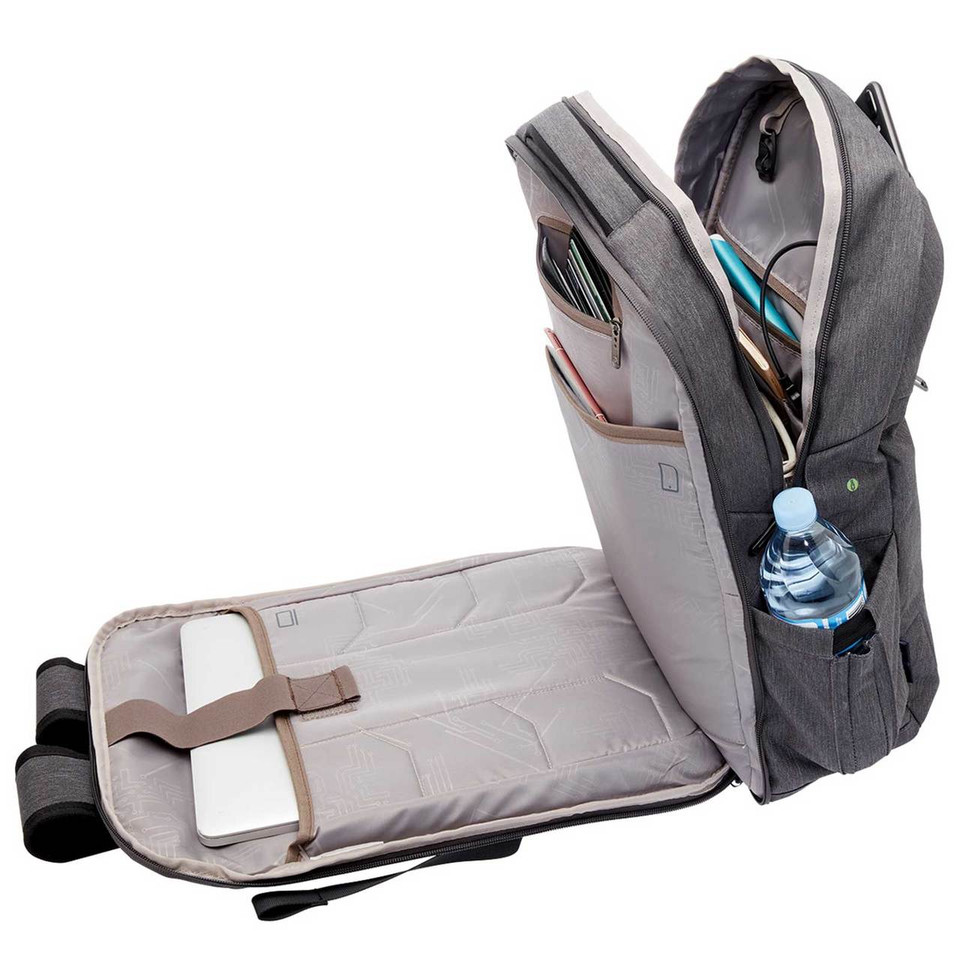 Charcoal grey laptop backpack open showing padded compartment, organiser pockets, and side water bottle sleeve