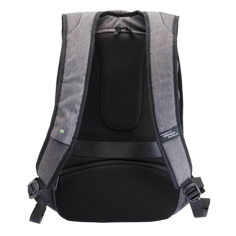 Rear view of light grey marl anti-theft backpack with padded back panel, ergonomic straps and hidden zip pocket
