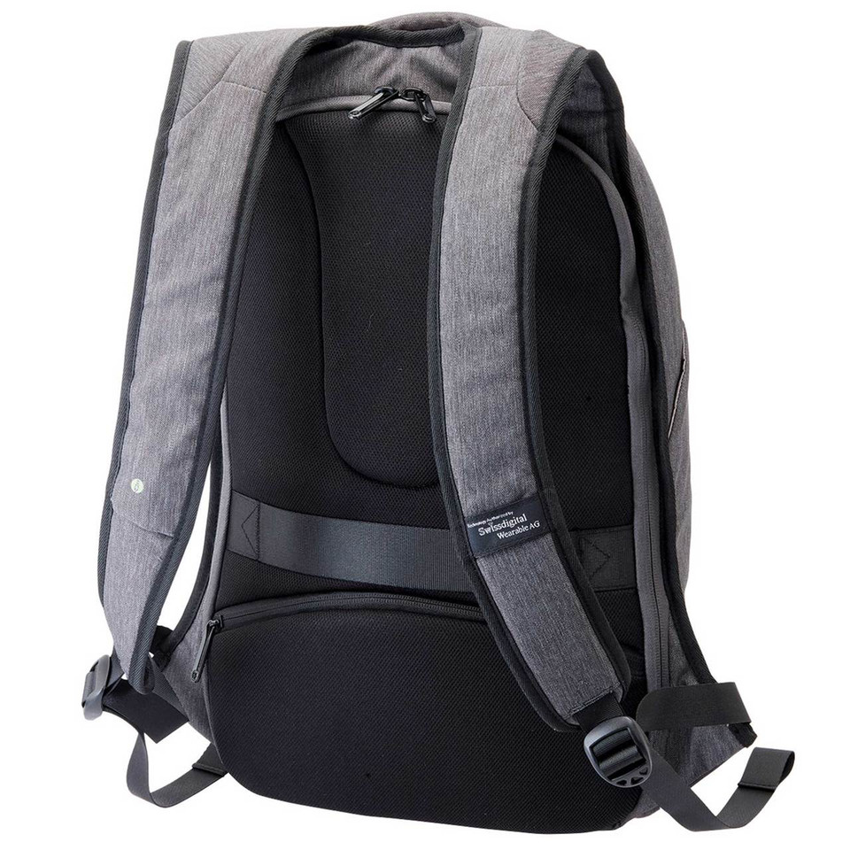 Grey and black anti-theft backpack showing rear padded shoulder straps and multiple zippered compartments