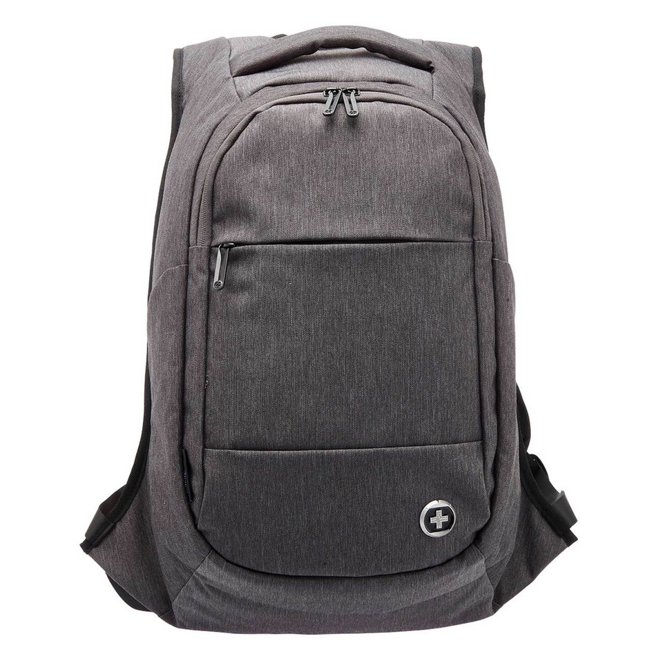 Charcoal grey melange anti-theft backpack with front zip pocket, top carry handle and Swissdigital cross badge