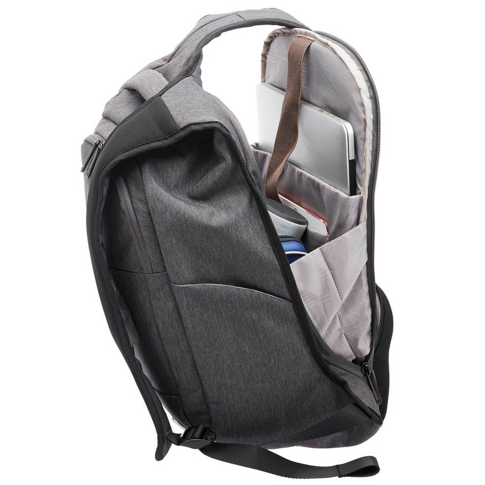 Charcoal grey marl anti-theft backpack open showing padded laptop sleeve, organiser pockets and interior storage
