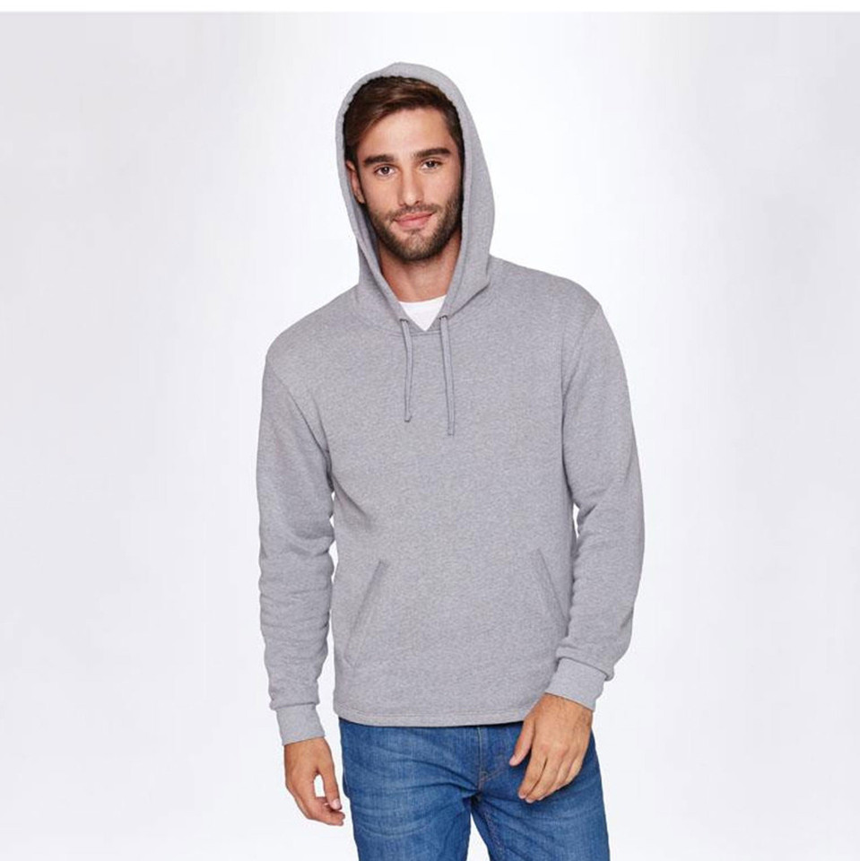 Man wearing a grey marl pullover hoodie with drawstring hood and ribbed cuffs