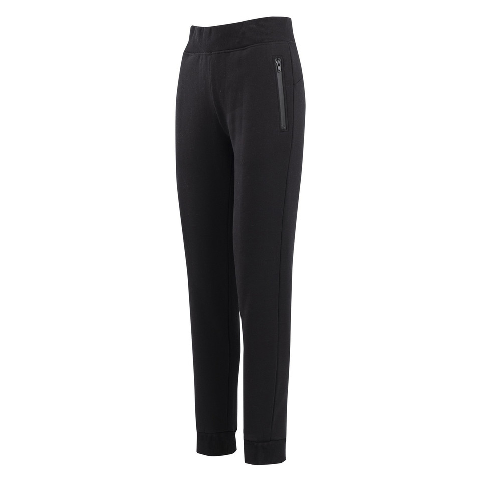Black fleece jogger track pants with elasticated waistband, zippered pocket, and ribbed cuffs