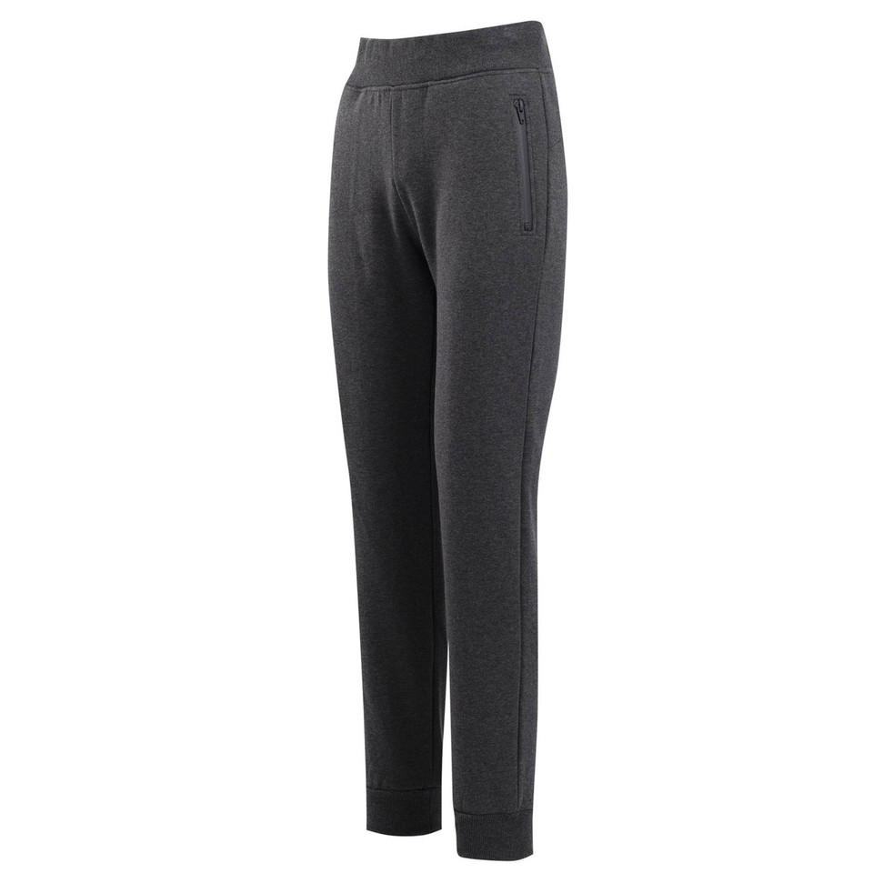 Charcoal grey fleece jogger pants with elastic waistband and zip pocket detail