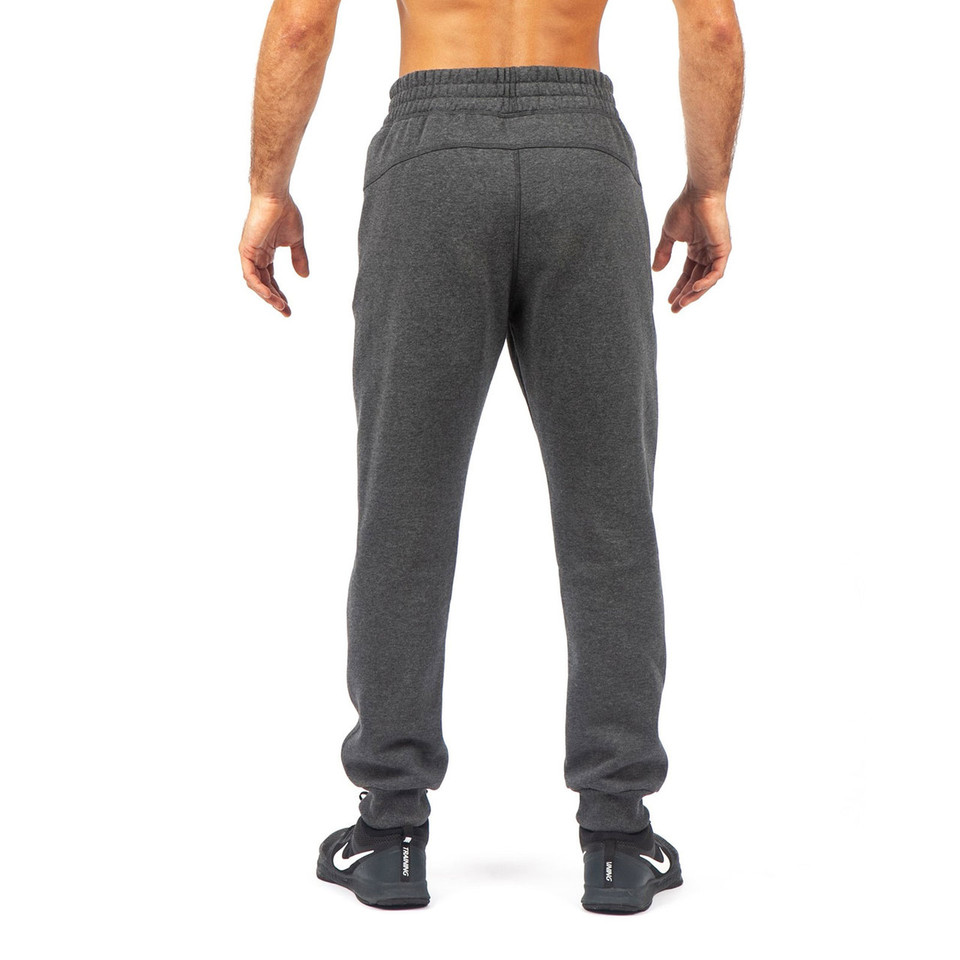 Rear view of charcoal marle men's fleece jogger pants with elasticated waist and ribbed cuffs