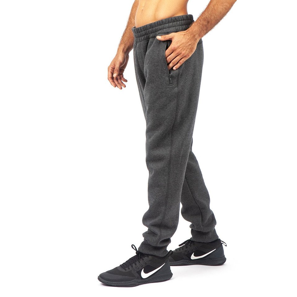 Charcoal grey fleece joggers with elasticated waistband and cuffs, side pockets visible