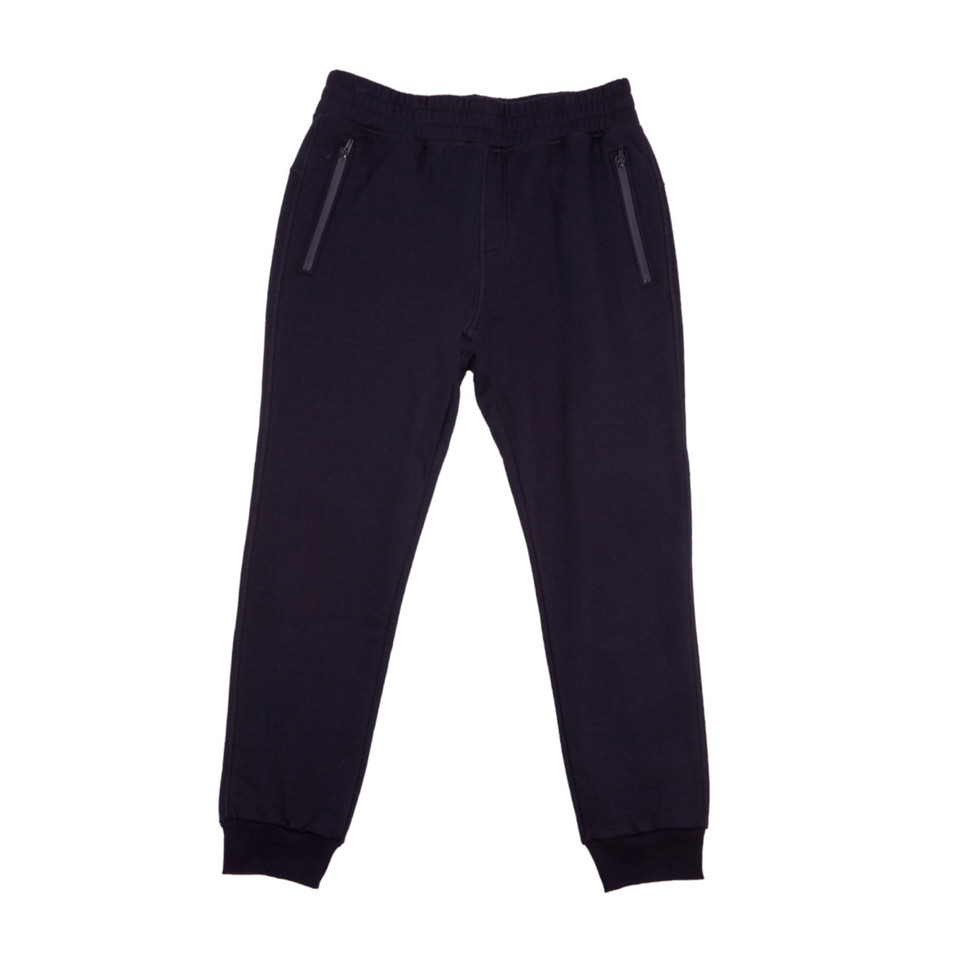 Black fleece joggers with elasticated cuffs and zippered side pockets