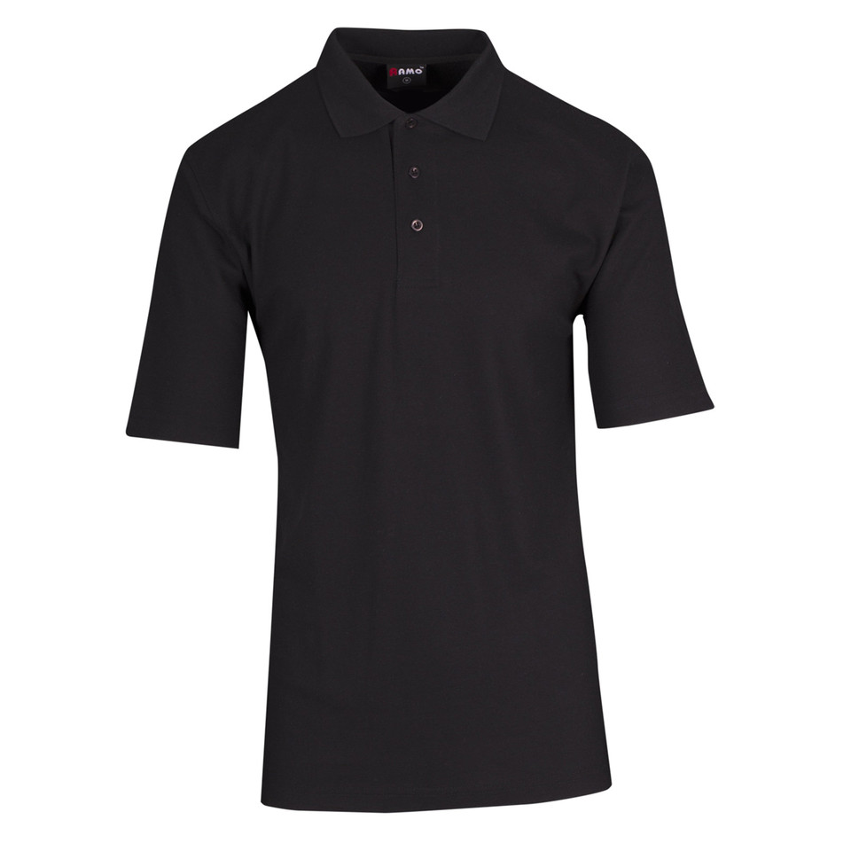 Black short sleeve polo shirt with collar and button placket