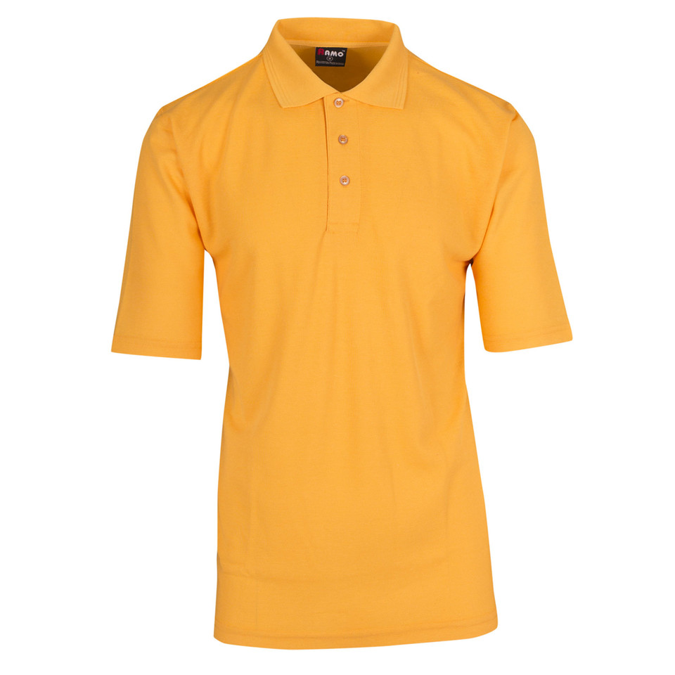 Gold short sleeve men's pique polo shirt with three-button placket and ribbed collar, flat lay packshot