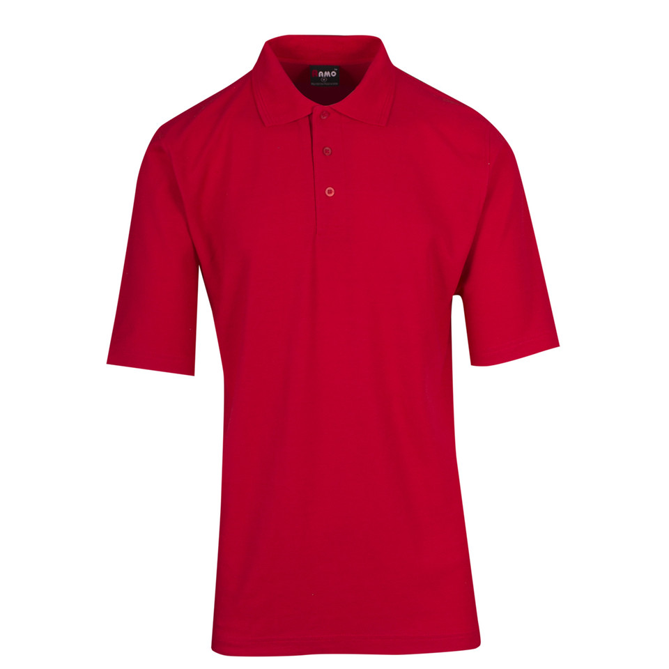 Red pique knit polo shirt with collar and three-button placket on plain background