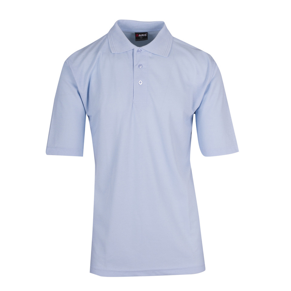 Sky blue short sleeve polo shirt with ribbed collar and two-button placket