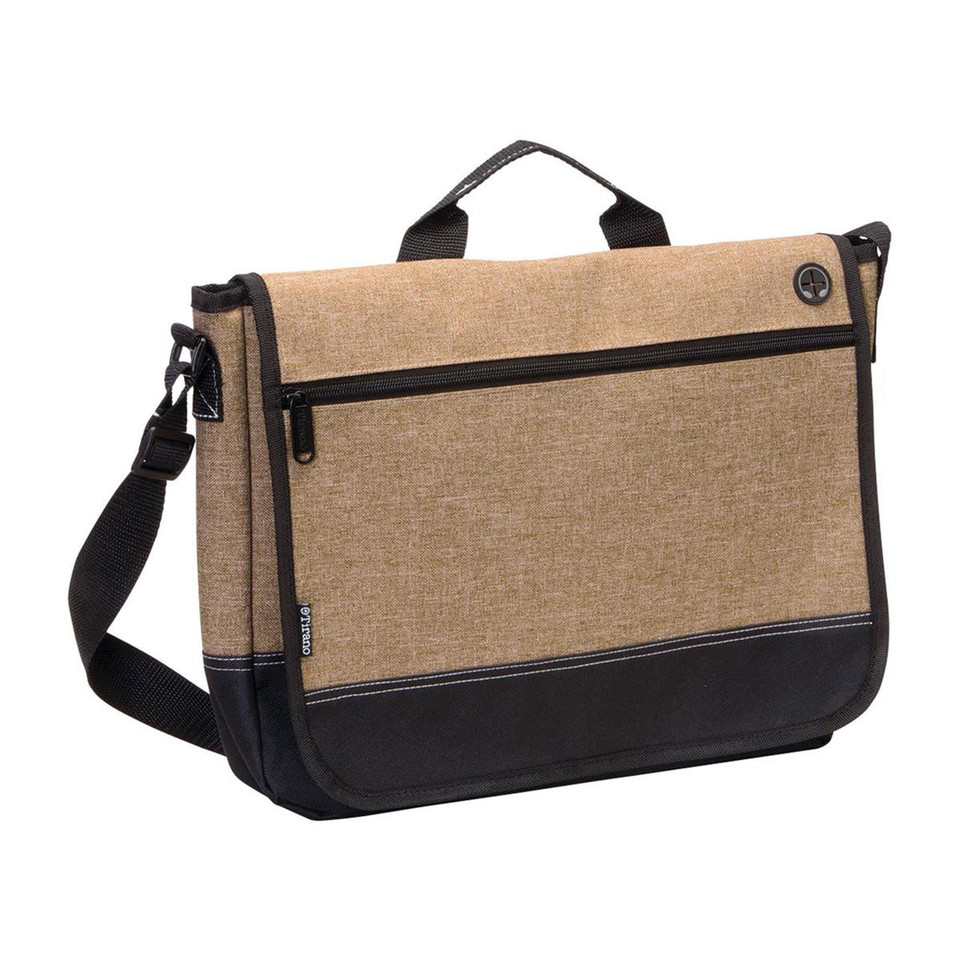 Tan and black messenger satchel with textured canvas-like body, front zip pocket, flap closure, and adjustable shoulder strap