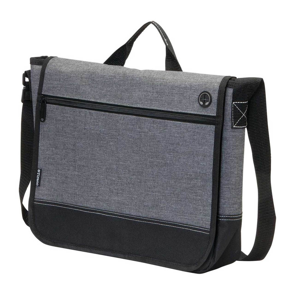 Grey melange and black canvas messenger bag with front zip pocket and adjustable shoulder strap