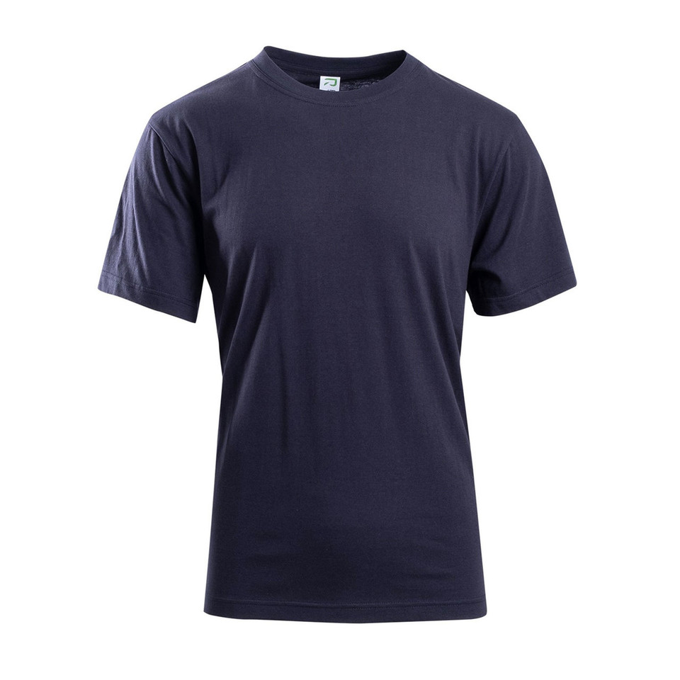 Navy crew neck t-shirt with short sleeves and smooth cotton construction ideal for decoration
