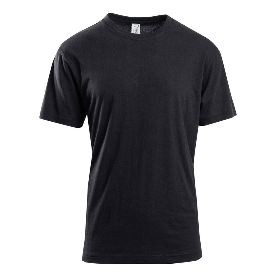 Black crew neck cotton t-shirt with short sleeves and smooth flat front panel for decoration