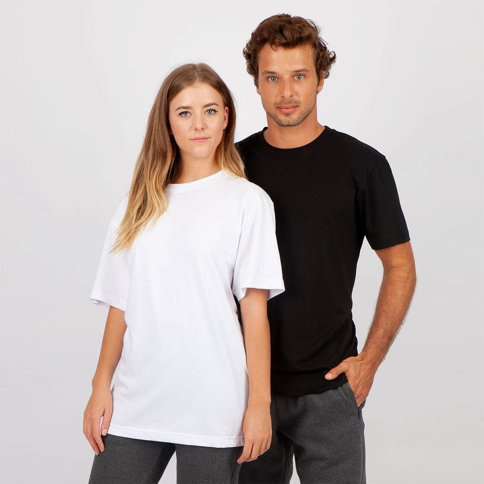 Female and male models wearing white and black unisex crew neck cotton t-shirts with short sleeves