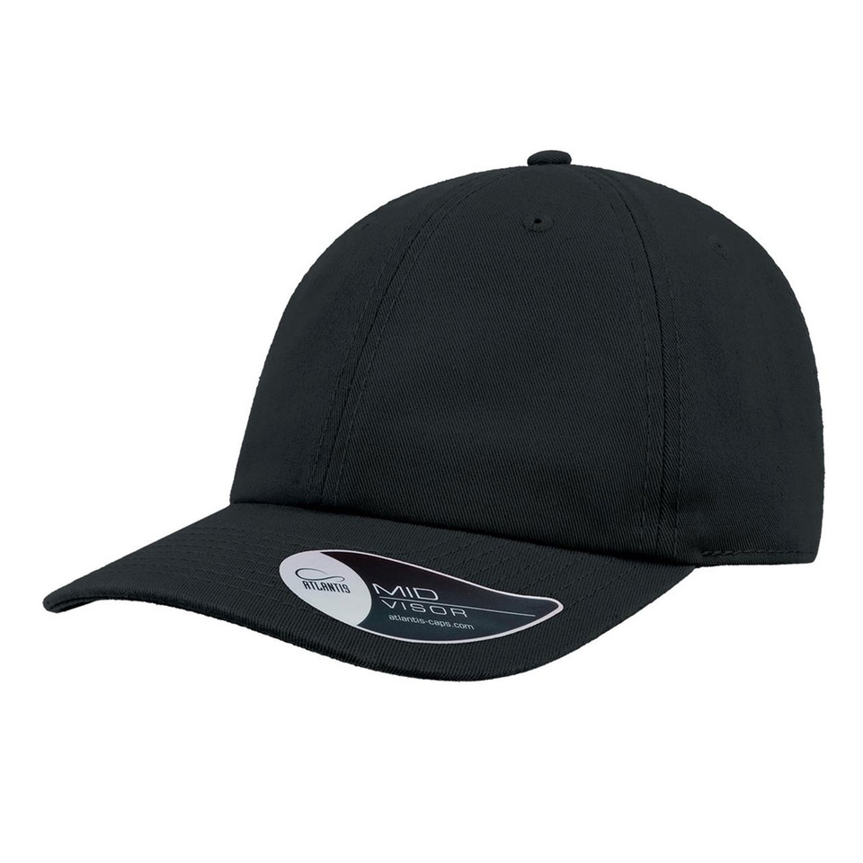 Atlantis black washed chino twill baseball cap with mid visor, smooth front panel, structured crown, packshot