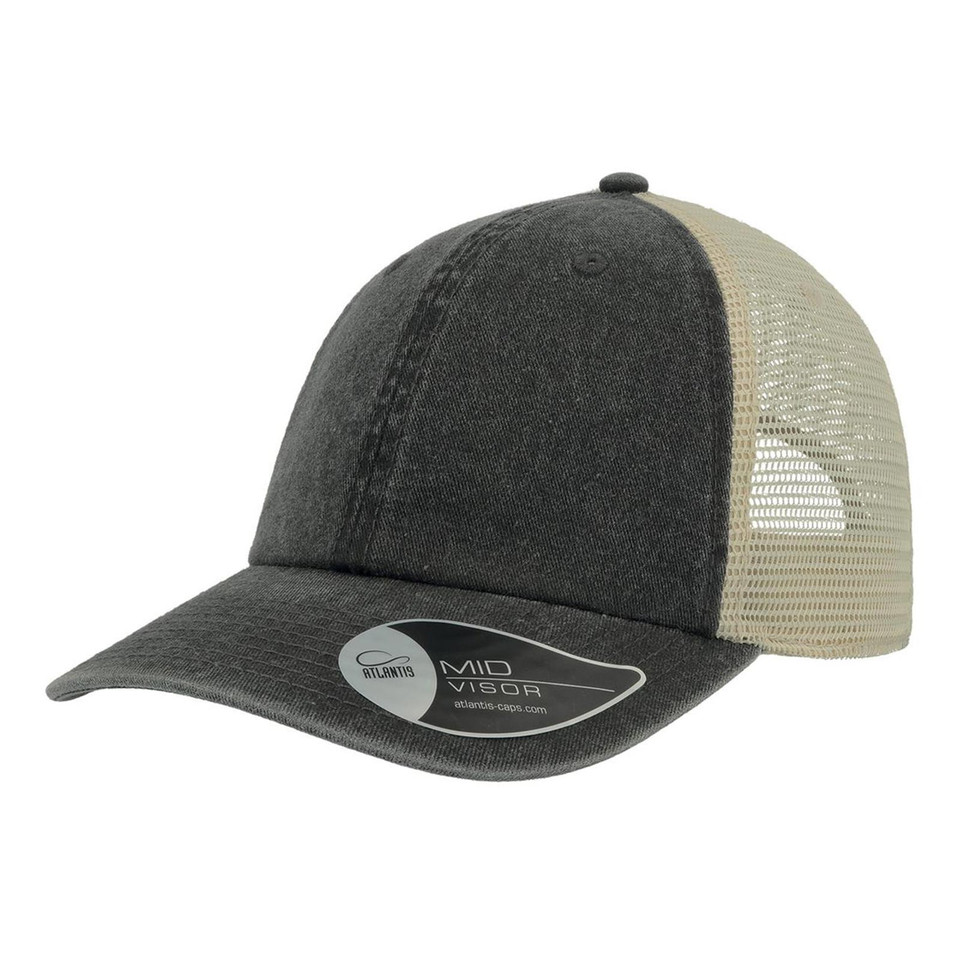 Charcoal grey and stone mesh trucker cap with curved brim and six-panel construction
