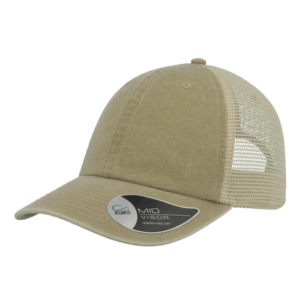 Khaki vintage-washed trucker cap with mesh back panels and curved brim