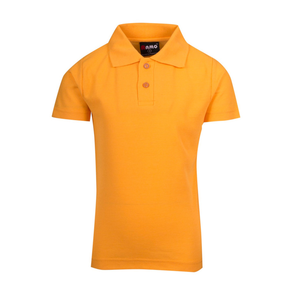 Bright orange kids polo shirt with collar and button placket in pique knit fabric