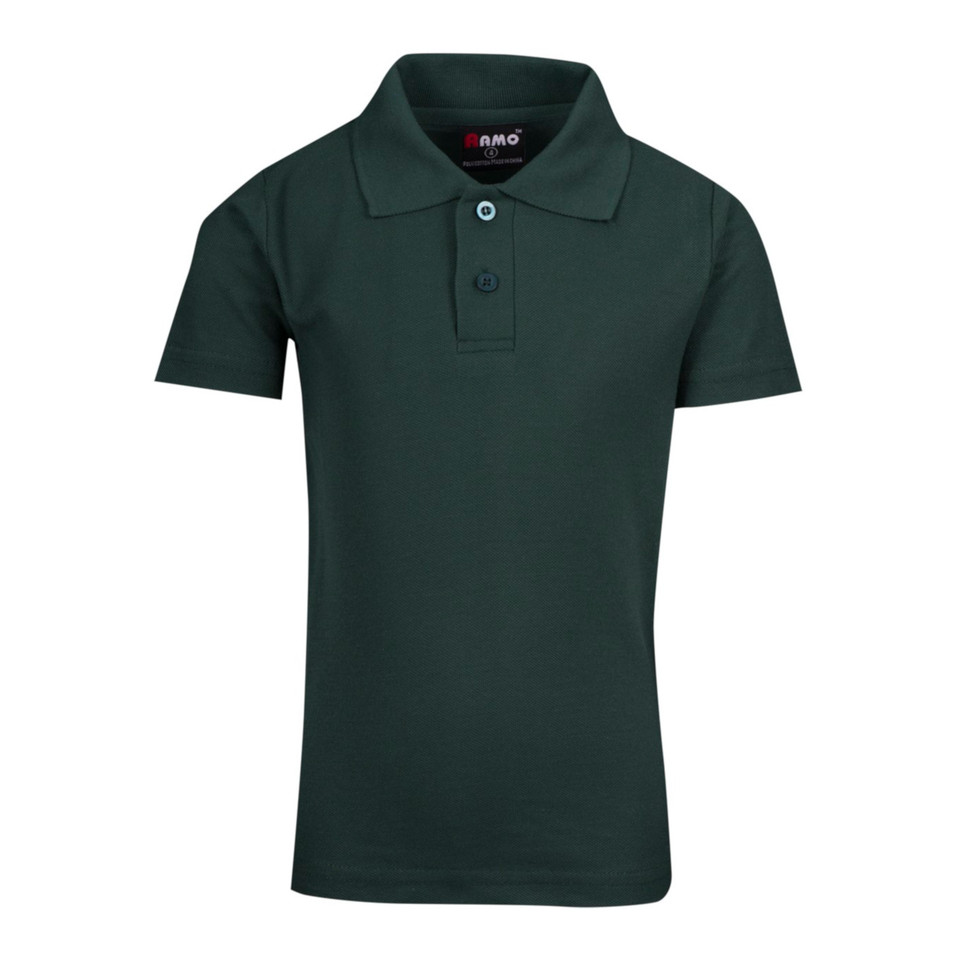 Kids bottle green short sleeve pique knit polo shirt with two-button placket and ribbed collar