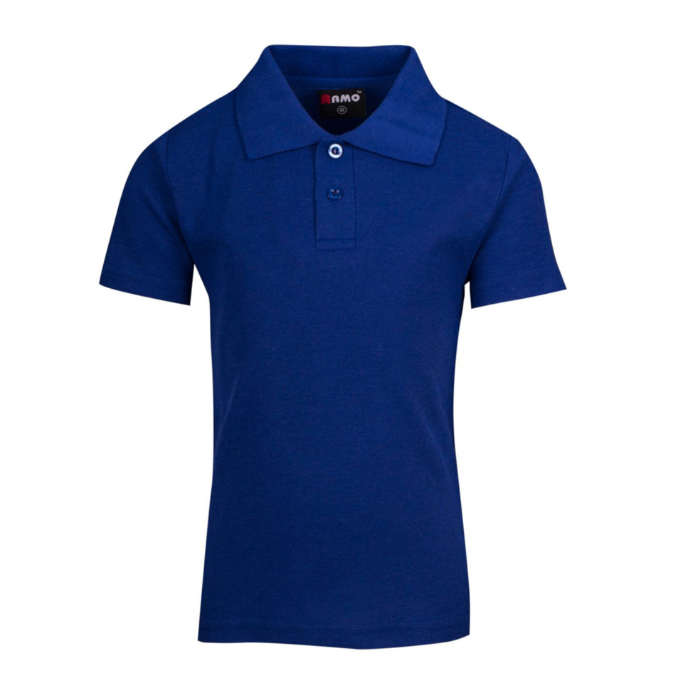 Royal blue kids pique knit polo shirt with two-button placket and ribbed collar, flat lay packshot