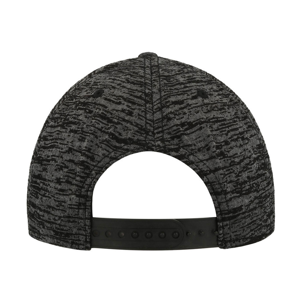 Rear view of a charcoal melange snapback cap with textured knit panels and black snapback closure