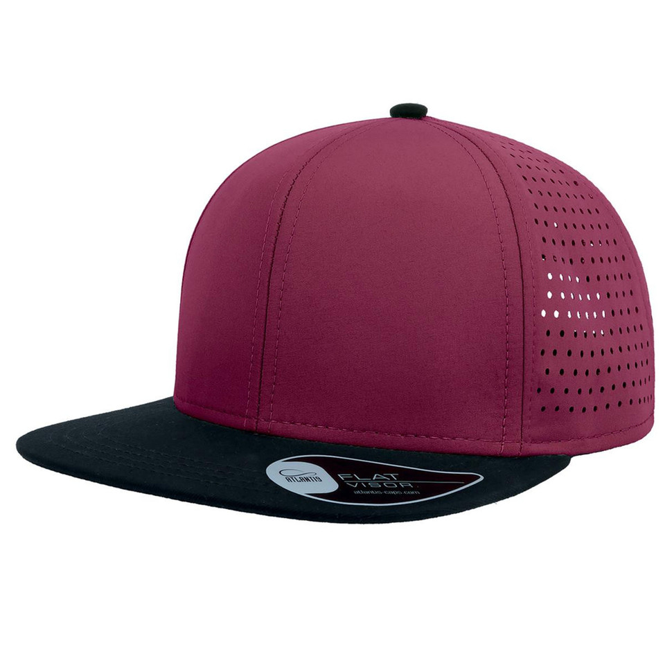 Maroon and black snapback cap with perforated side panels and structured six-panel crown