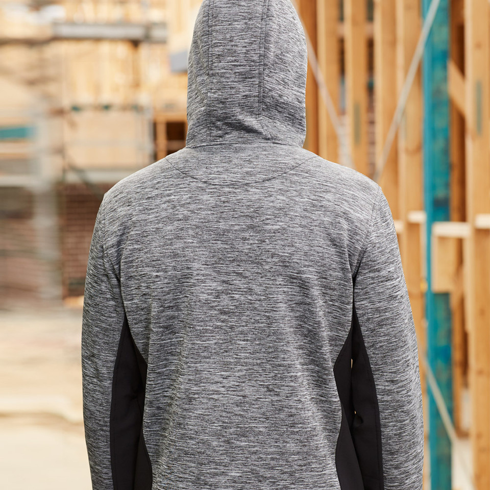 Grey marle fleece jacket with black side panels and hood, rear view showing textured knit fabric