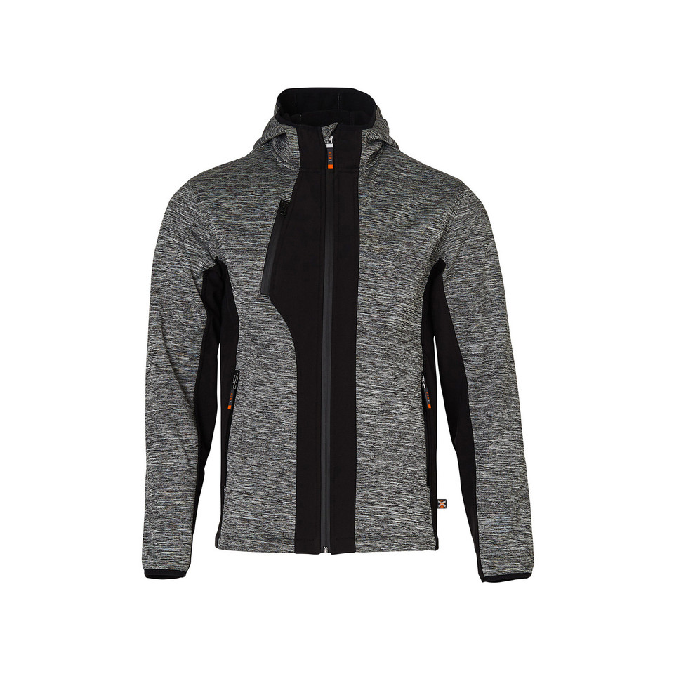 Heather grey laminated fleece knit jacket with black panels, full-length zip, hood, and orange zipper pulls
