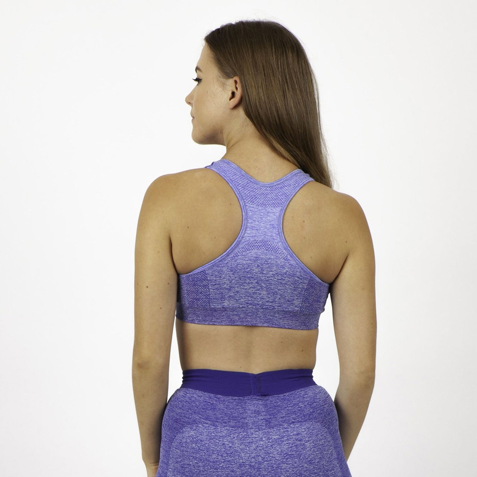 Purple heather racerback sports bra with seamless construction shown from behind