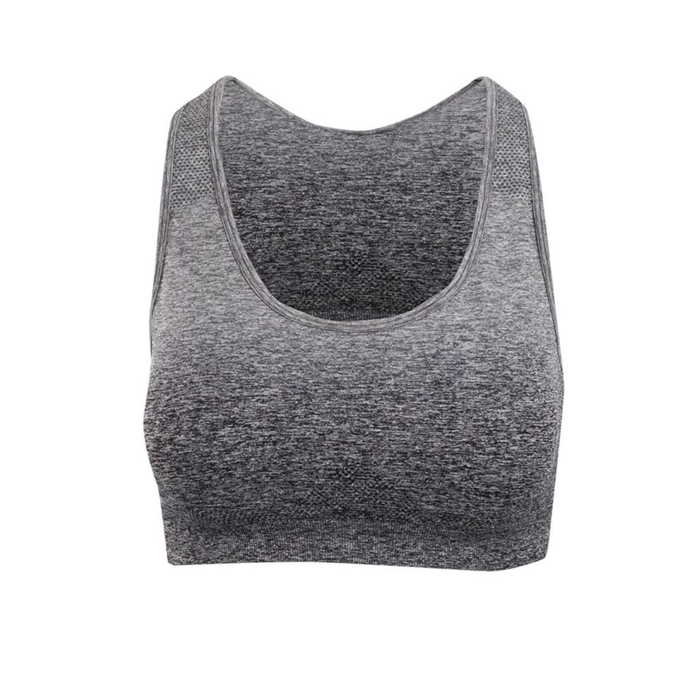 Charcoal grey marl seamless crop top with scoop neckline, racerback silhouette and mesh texture panels
