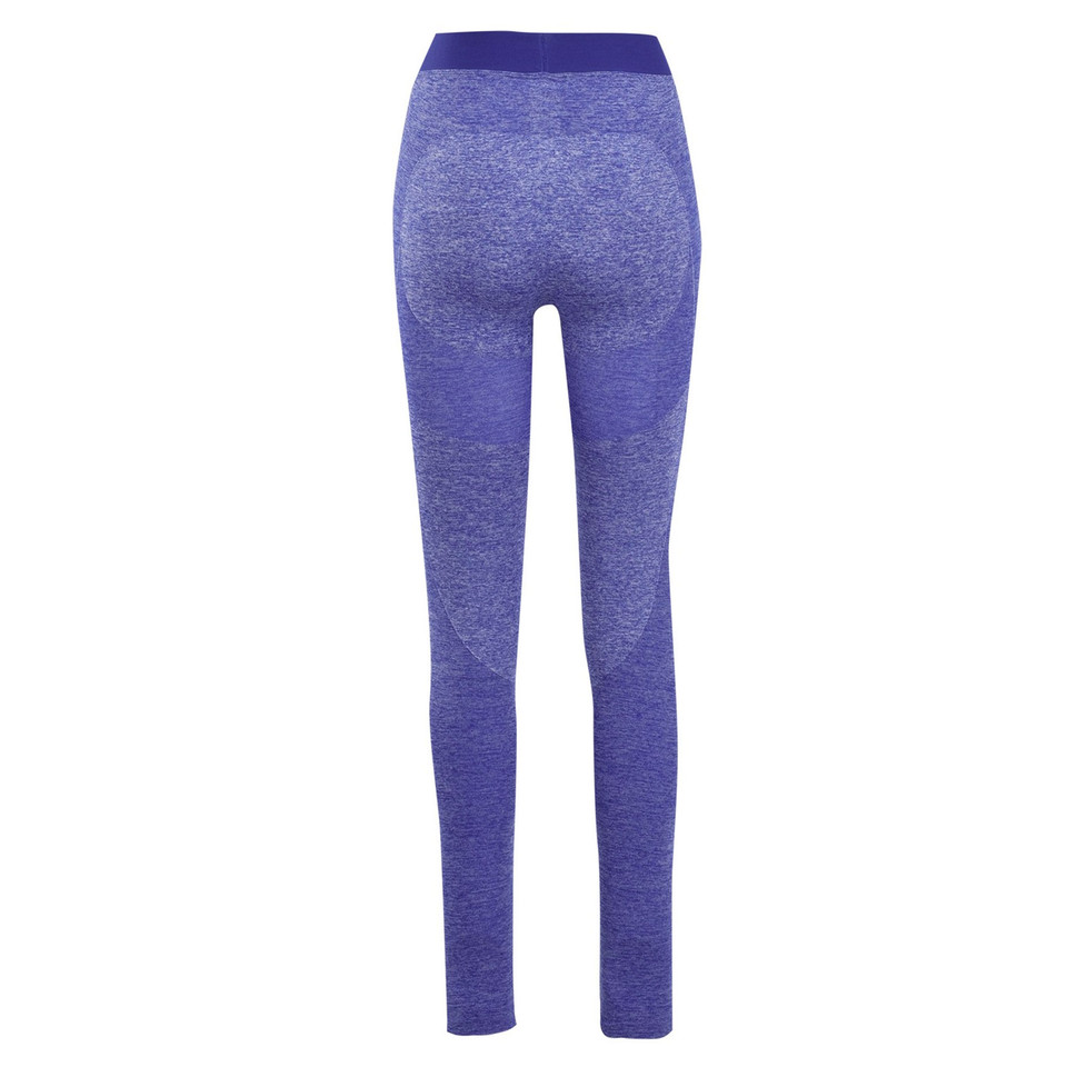 Periwinkle blue marled seamless full length leggings with contrast solid waistband, rear view on model