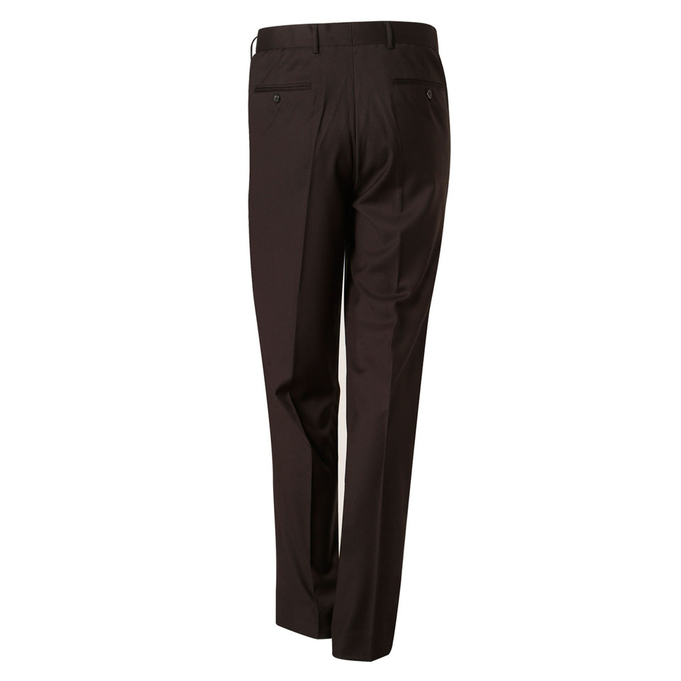 Chocolate brown dress pants with rear welt pockets and center crease, shown from back angle