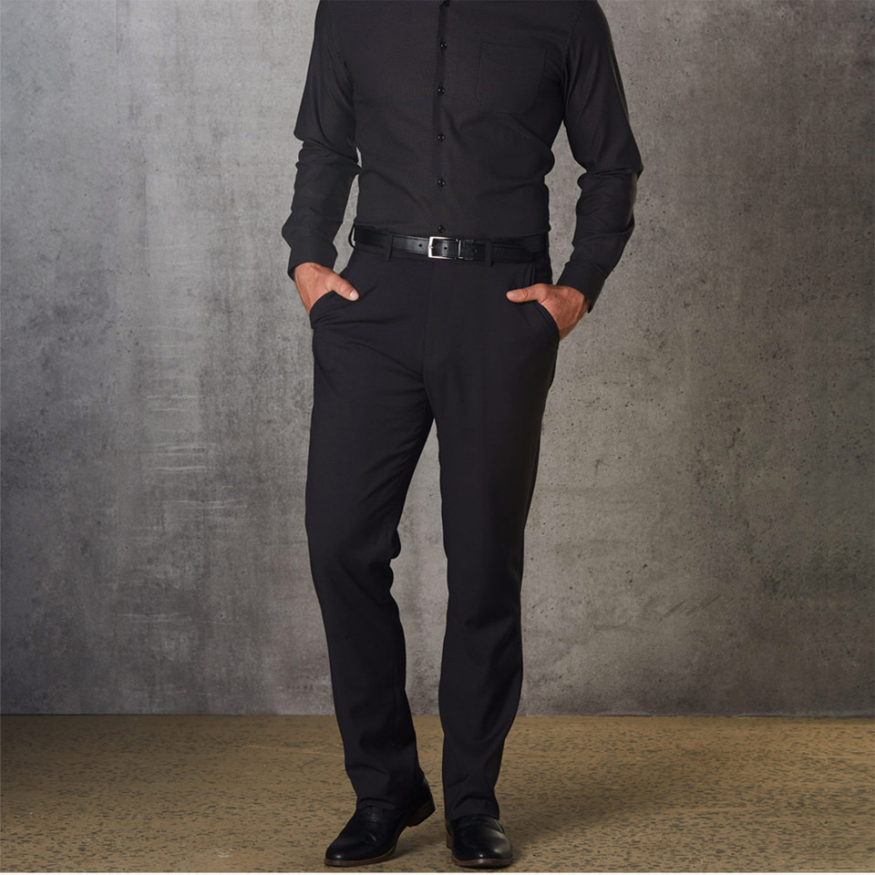 Black business pants with belt loops and side pockets, featuring stretch fabric and flexi waistband