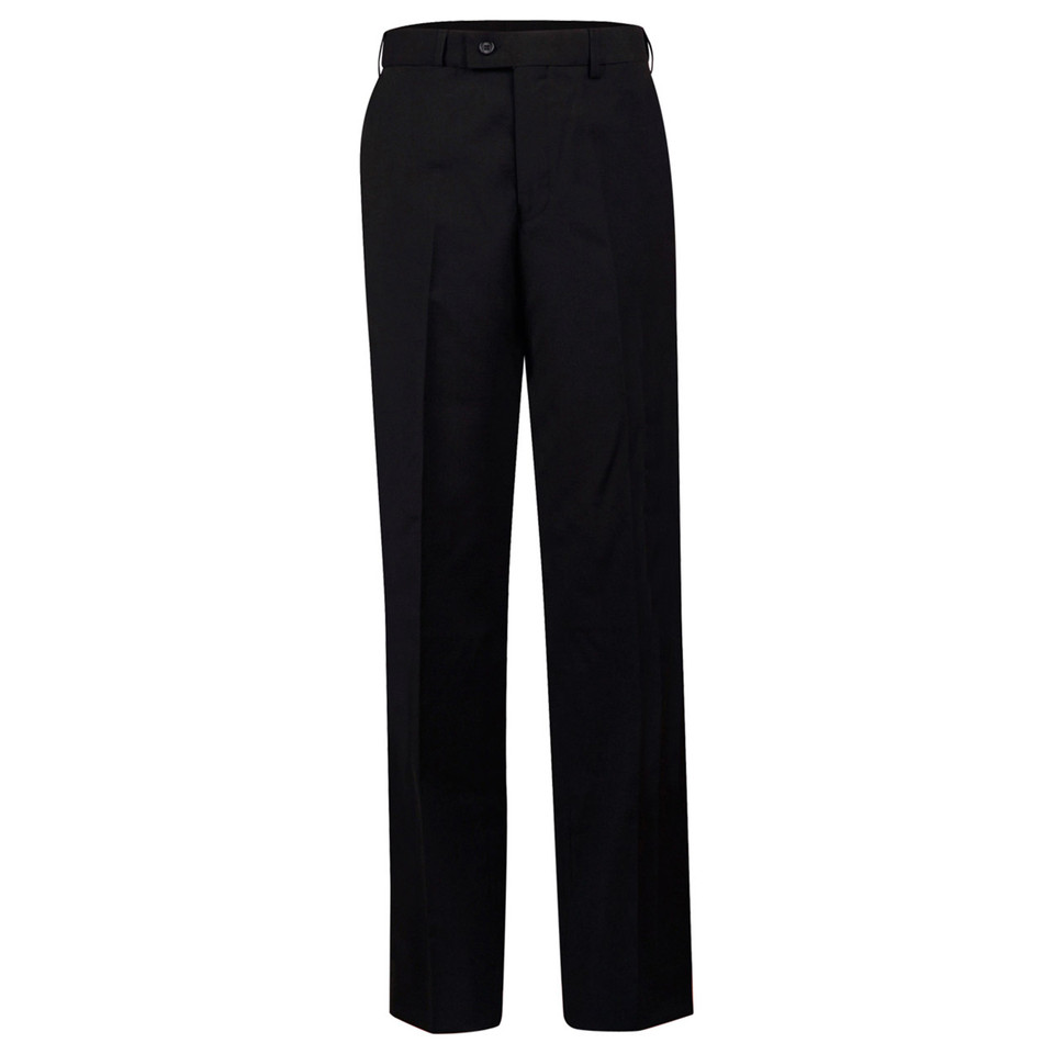 Black wool blend business pants with flat front panel and straight leg cut