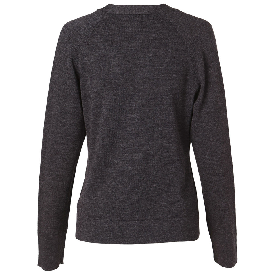 Charcoal grey merino wool cardigan with V-neck and long sleeves shown from back view