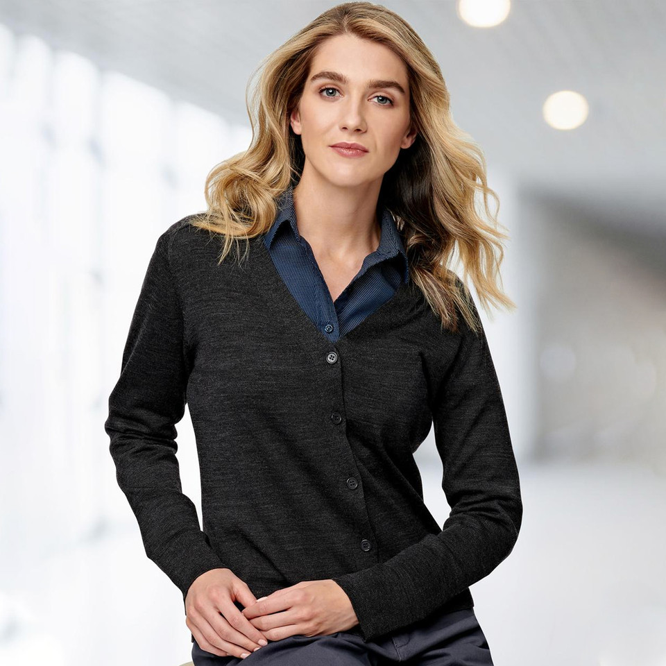 Charcoal merino wool cardigan with button front and v-neck worn over navy collared shirt