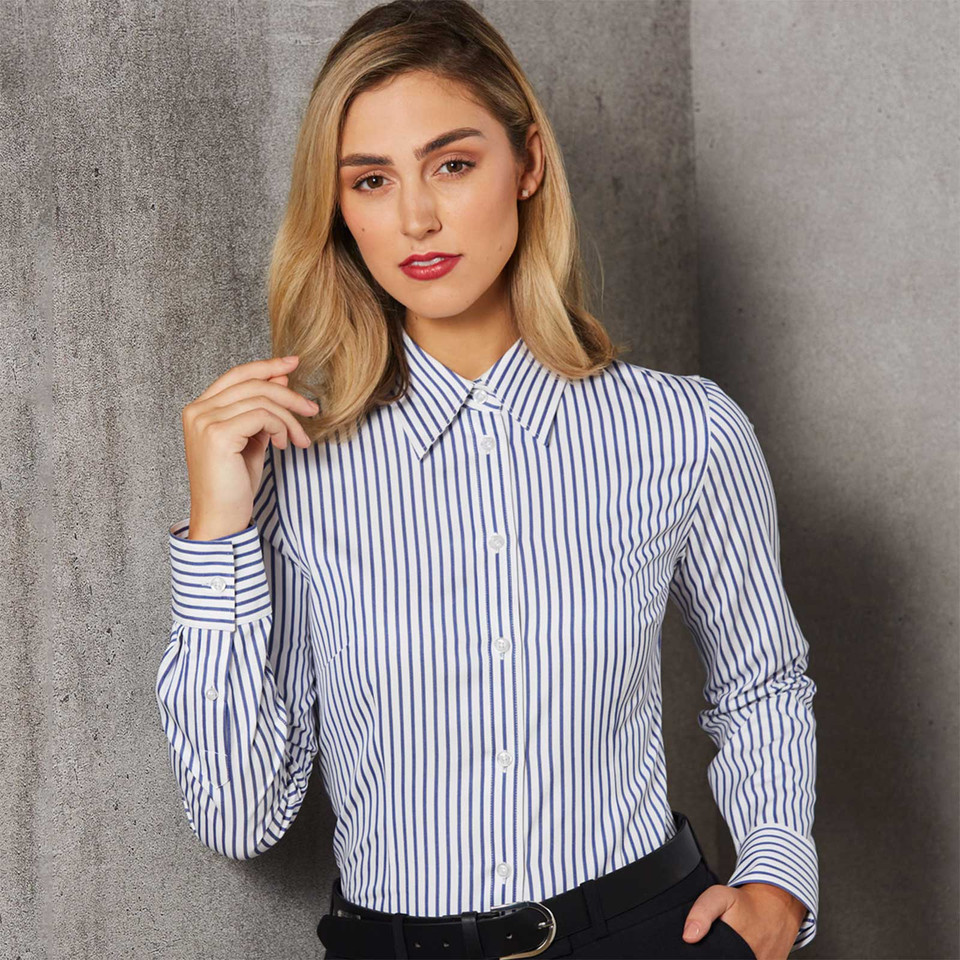 White shirt with vertical blue stripes, long sleeves, and button-front closure with collar