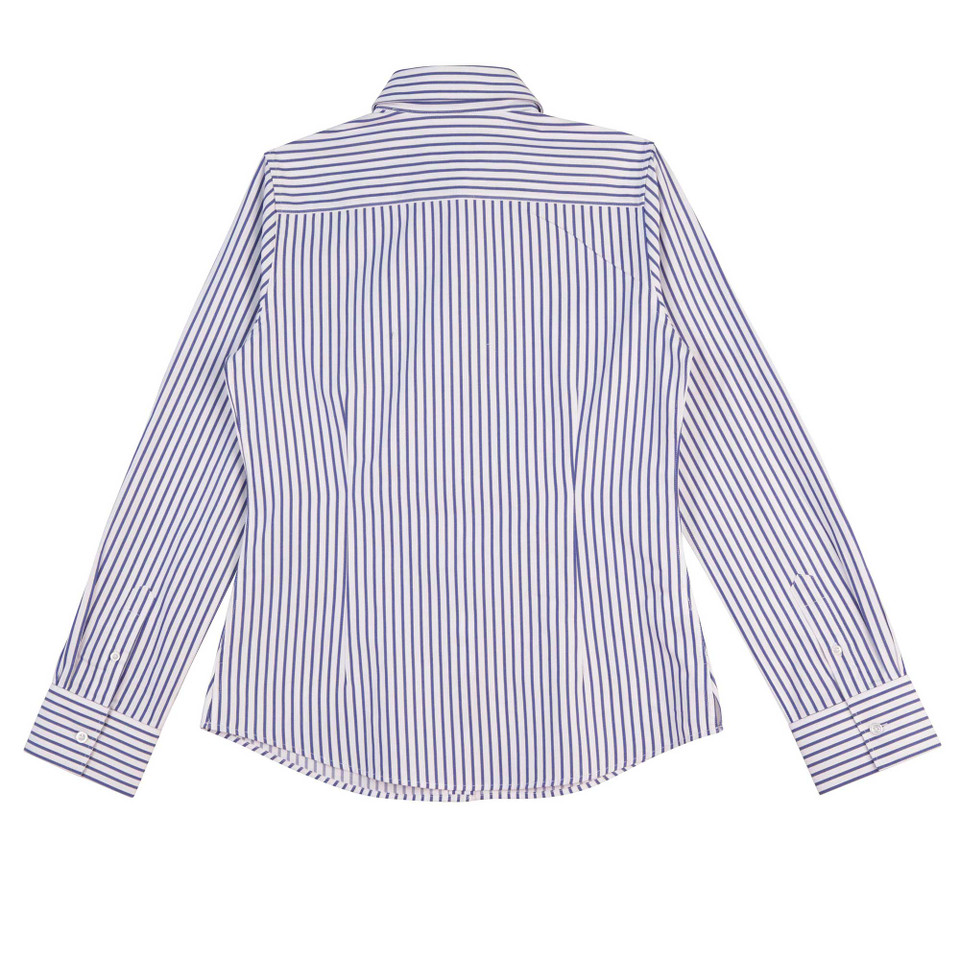 Women's business shirt in purple and white vertical stripes with collar and long sleeves, back view
