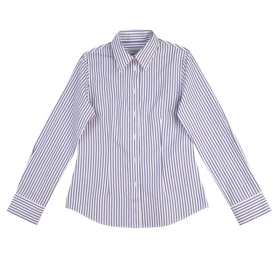Purple and white vertical striped long sleeve shirt with collar and button front closure