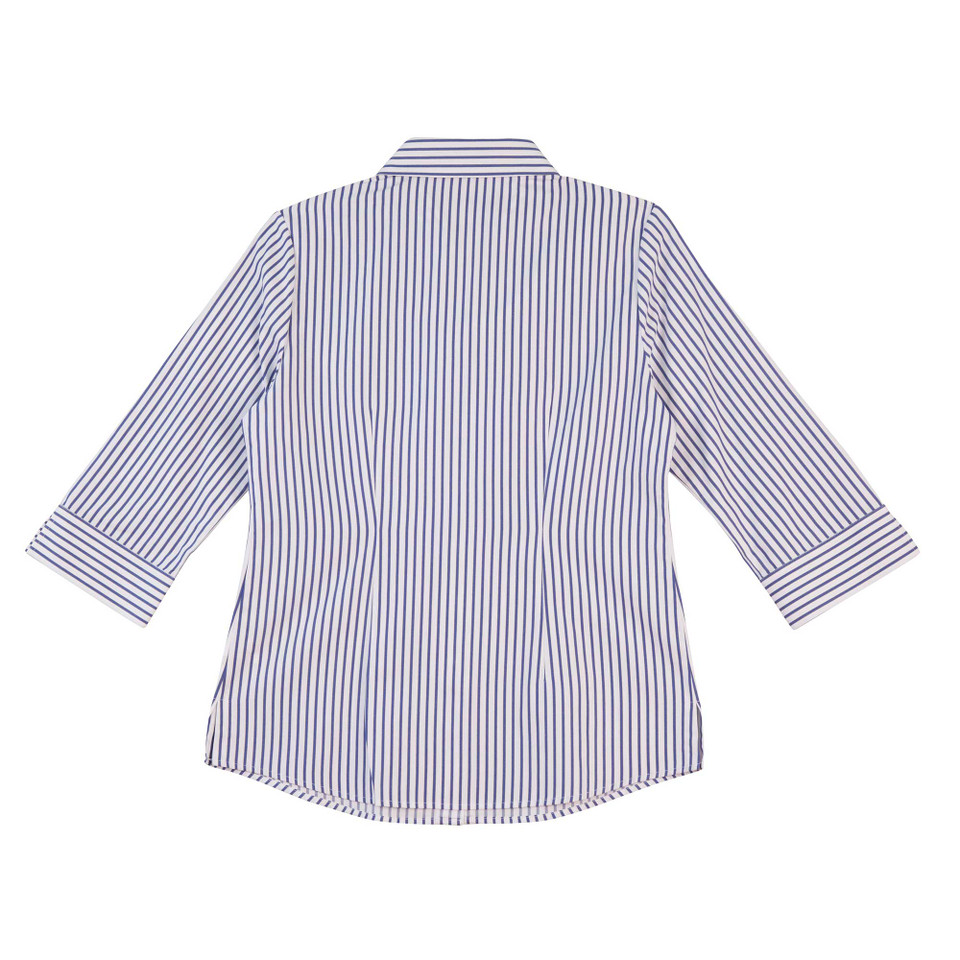 Purple and white vertical striped business shirt with three-quarter sleeves and collar, back view