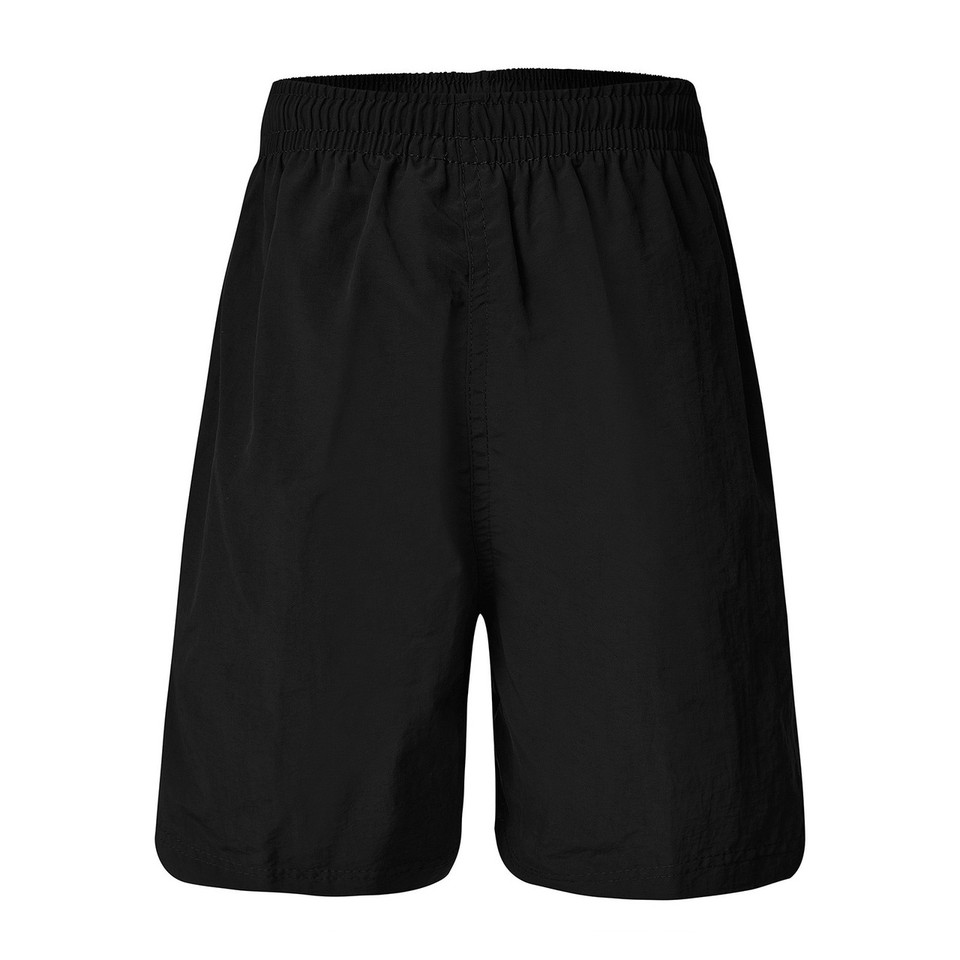 Black kids sport shorts with elasticated waistband, lightweight water repellent fabric, flat front panel