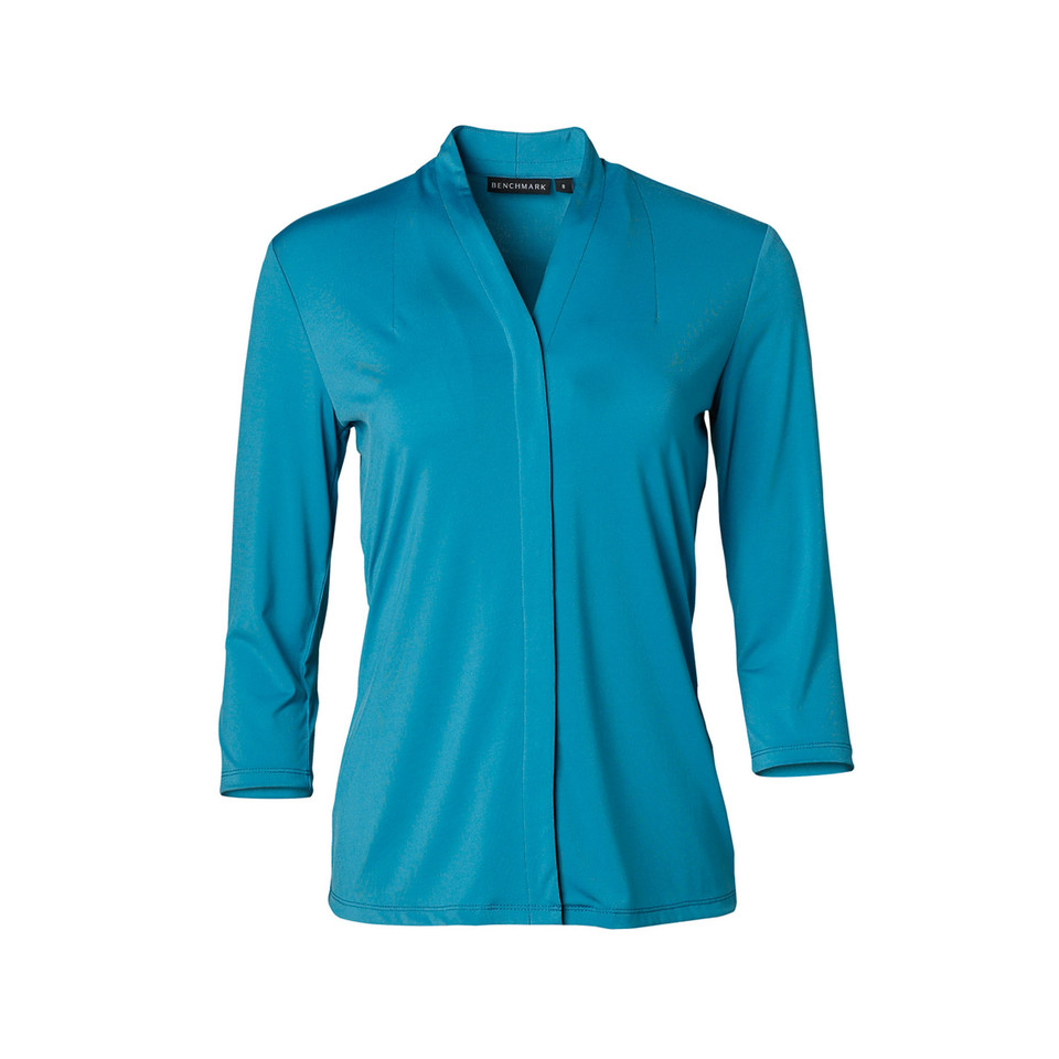 Turquoise women's three-quarter sleeve knit top with mandarin collar and concealed placket
