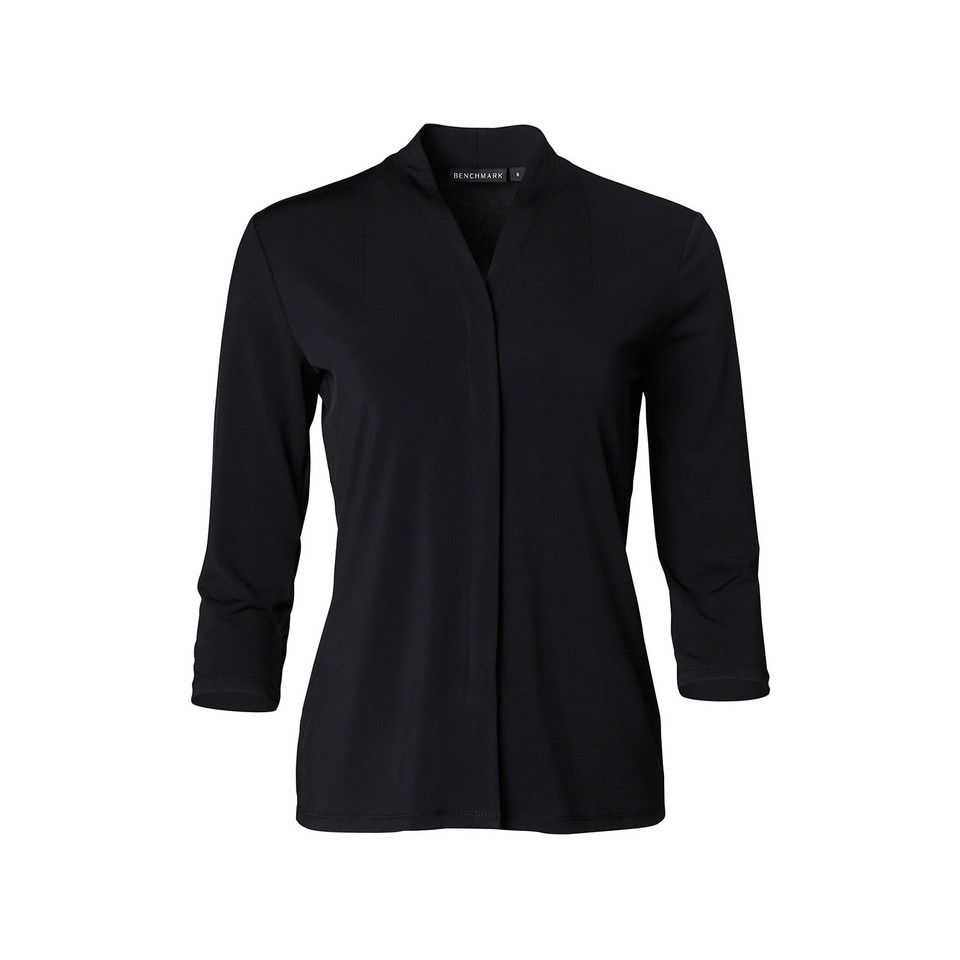 Black stretch knit top with mandarin collar, concealed placket and three-quarter sleeves