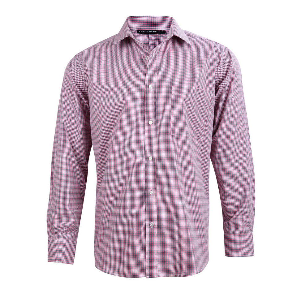 Pink and grey mini gingham check long sleeve business shirt with white buttons and collar
