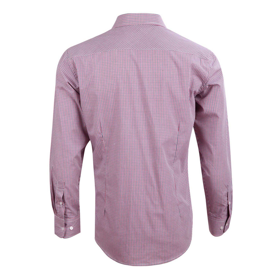 Back view of pink and blue mini gingham check long sleeve shirt with button-down collar and buttoned cuffs