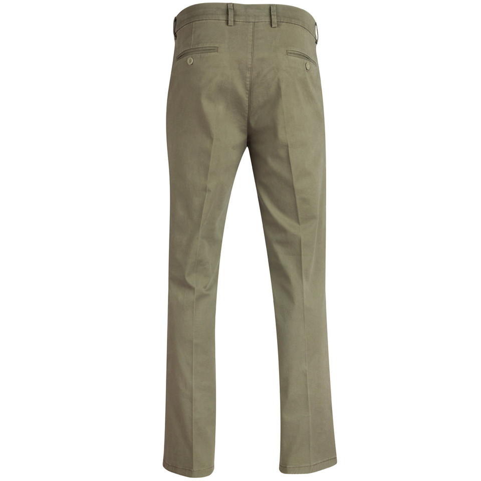Khaki slim fit chino pants with belt loops and back welt pockets, rear view showing centre seam