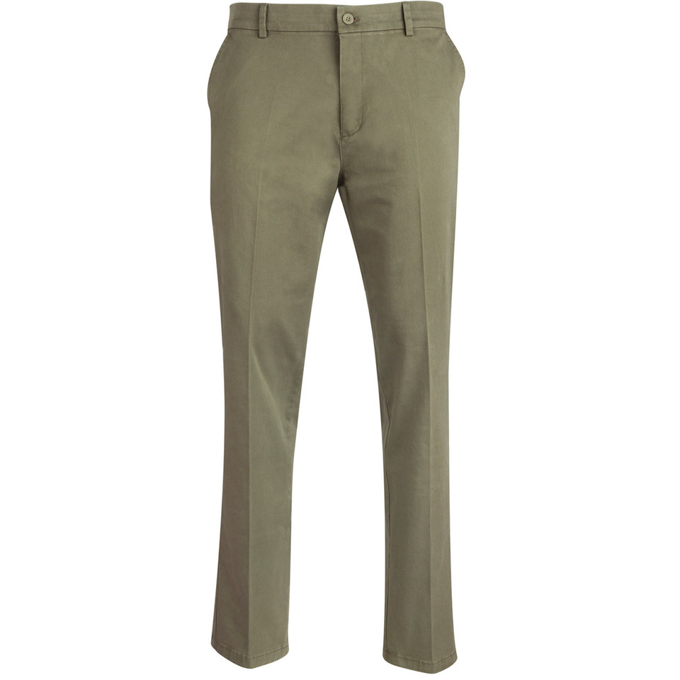 Sage green slim fit chino pants with front zip fly, belt loops and slant pockets