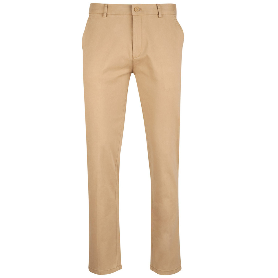 Khaki slim fit stretch chino pants with button waist, side pockets and clean flat-front panel